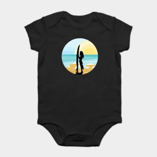 Surfer Girl and Surf Board, Sunset Beach Baby Bodysuit